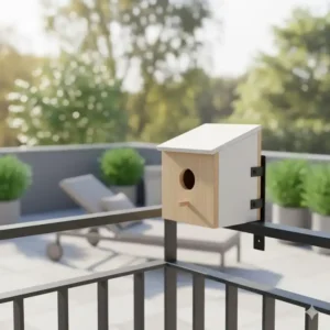 Platzierungsidee für ein kompaktes Gartendeko Vogelhaus modern auf einem Balkon oder einer Terrasse.