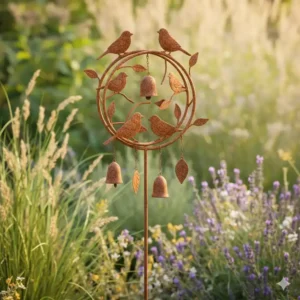 Rustikales gartendeko windspiele metall in Rost-Optik mit Vogel-Silhouette.