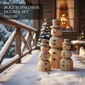 Set aus drei Holz-gartendeko schneemann figuren für die winterliche Dekoration.