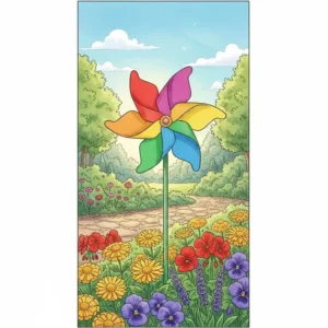 Kleines, einfaches Windrad, mehrfarbig, das in ein Blumenbeet gesteckt wird, um Farbakzente zu setzen. Eine kleine gartendeko windrad bunt für das Gemüsebeet.