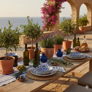 Mediterrane Gartendeko Tischdeko Garten auf der Terrasse mit Terrakotta und Olivenzweigen.