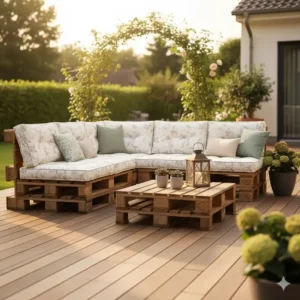 Gemütliche Gartendeko aus Paletten DIY: L-förmige Sitzgruppe mit Kissen