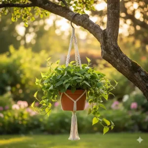 Eine Hängepflanze in einem Makramee-Blumenampelkorb ist eine üppige gartendeko am baum hängen.