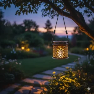Gartendeko Hängedeko Outdoor: Energieeffiziente Solarlaterne beleuchtet einen Gartenweg bei Dämmerung.