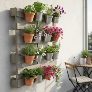 Vertikaler Garten aus einer Upcycling-Palette, ideal für kleine Balkone und platzsparende gartendeko upcycling ideen.