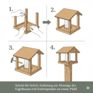 Schritt-für-Schritt-Anleitung zur Montage des Gartendeko Vogelhaus mit Futterspender an einem Pfahl.