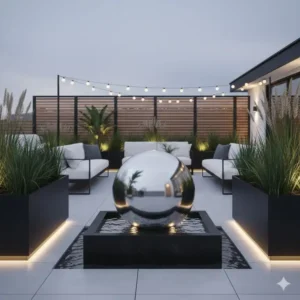 Ein minimalistisches, kugelförmiges Wasserspiel aus Edelstahl als ruhige gartendeko terrasse modern.