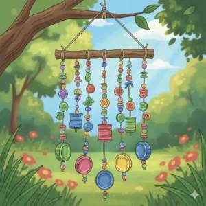 Kreatives Gartendeko selbstgemacht Kinder bauen Windspiele aus Müll.