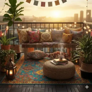 Farbige Textilien und Kissen als Gartendeko auf dem Balkon: Lebendige, gemusterte Outdoor-Kissen und ein Teppich, die Farbakzente setzen.