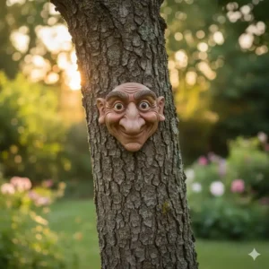 Ein lustiges Baumgesicht mit Augen und Nase ist unkonventionelle gartendeko am baum hängen am Stamm.