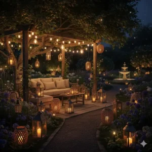 Atmosphärische Gartendeko Tischdeko Garten Beleuchtung mit Laternen und Lichterketten am Abend.