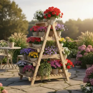 Großer blumenständer holz im Landhausstil auf einer Terrasse, dekoriert mit bunten Blumen.