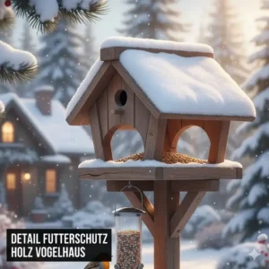 Detailaufnahme: Futterschutzdach und flächen des robusten gartendeko vogelhäuschen holz.
