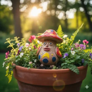 Selbstgemachte DIY Ton Gartendeko Blumentopf Figur aus wetterfestem Ton als Gartendeko.