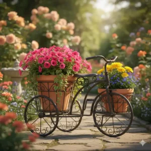 Verspielte Gartendeko Pflanzenständer Metall in Form eines antiken Fahrrads.
