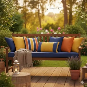Dekorative gartendeko sitzkissen outdoor in bunten Farben auf einer Gartenbank platziert.