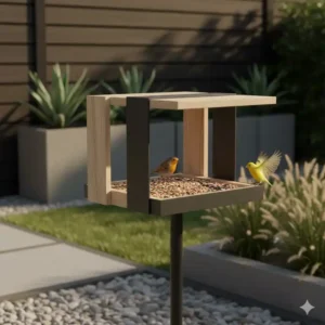 Offene Futterstelle: ein funktionales Gartendeko Vogelhaus modern als saubere Fütterungsstation.