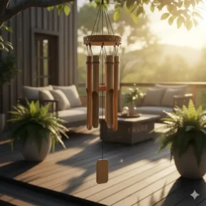 Gartendeko Windspiele Bambus – Hängend auf einer Holzterrasse als beruhigender Akzent.