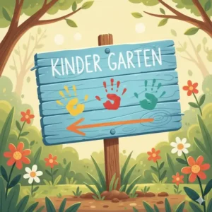 Farbenfrohe Gartendeko selbstgemacht Kinder mit Handabdruck-Schild.