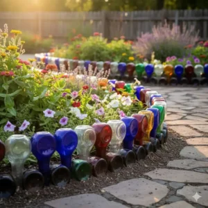 Kreative Beeteinfassung oder Beetbegrenzung mit umgedrehten, bunten Glasflaschen als einzigartige Gartendeko aus Altglas.