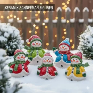 Handbemalte Keramik-gartendeko schneemann figuren auf einem Schneehügel.