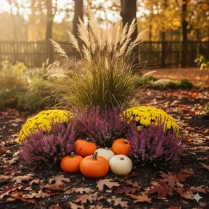Herbstliches Gesteck mit Gartendeko Kürbis Deko Garten und Heidekraut im Blumenbeet.
