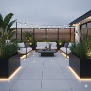 Atmosphärisches LED-Beleuchtungskonzept mit Bodenstrahlern als Teil der gartendeko terrasse modern.