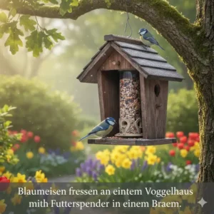 Blaumeisen fressen an einem rustikalen Gartendeko Vogelhaus mit Futterspender in einem Baum.