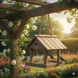 Rustikales Vogelfutterhaus aus Holz, ideal als Gartendeko Hängedeko Outdoor an der Pergola.