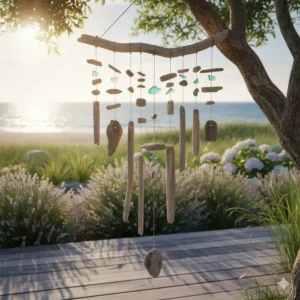 Kreatives Windspiel aus Treibholz selber machen für maritime gartendeko ideen selber machen.