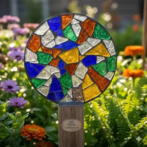 Nahansicht eines Gartensteckers mit selbstgemachtem Glasmosaik aus zerbrochenem Altglas, perfekt als einmalige Gartendeko aus Altglas.