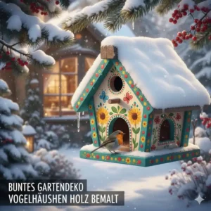 Kreatives und bunt bemaltes gartendeko vogelhäuschen holz mit dekorativen elementen.