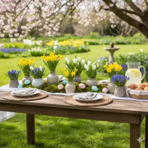 Frühlingshafte Gartendeko Tischdeko Garten mit Narzissen, Tulpen und Moos auf dem Gartentisch.