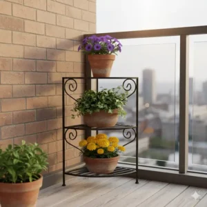 Platzsparende Gartendeko Pflanzenständer Metall ideal für Ecken auf dem Balkon.