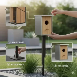 Anleitung zur einfachen Montage und Befestigung eines freistehenden Gartendeko Vogelhaus modern.