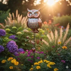 Lustige gartendeko windspiele metall Eule als Figur in einer Blumenrabatte.