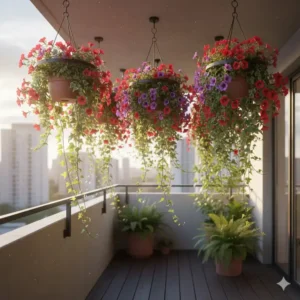 Balkon Ideen mit Hängepflanzen: Terrakottatöpfe mit kaskadierenden Petunien und Efeu, die von einem einfachen Metallregal hängen.