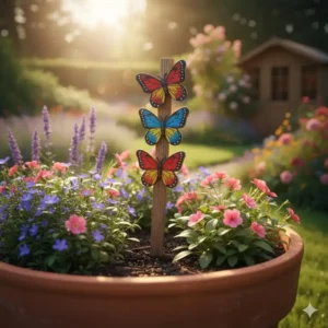 Dekorativer Holzstecker mit Schmetterlingsmotiv als Gartendeko Blumentopf Figuren in einem Blumentopf.