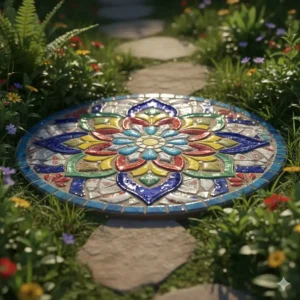 Upcycling Mosaik-Trittstein, hergestellt aus zerbrochenem Geschirr als kreative gartendeko upcycling ideen.