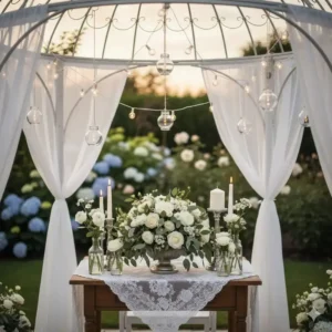 Festliche Tischdekoration und Blumenarrangement als Gartendeko Pavillon Schmuck.