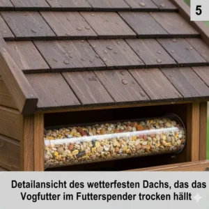 Detailansicht des wetterfesten Dachs, das das Vogelfutter im Gartendeko Vogelhaus mit Futterspender trocken hält.