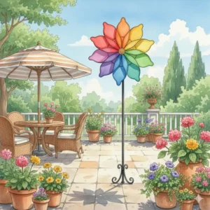 Dekoratives Windrad als bunter Blickfang auf einer sonnigen Terrasse, umgeben von Blumentöpfen. Die perfekte gartendeko windrad bunt für den Außenbereich.