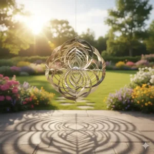 Kinettischer Edelstahl-Windspinner als Hängedeko Gartendeko Outdoor in Bewegung.