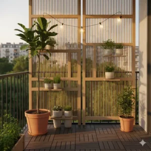 Moderner Sichtschutz aus Bambus oder Holz für den Balkon, der Privatsphäre schafft und als Hintergrund für die Dekoration dient.