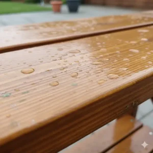 Nahaufnahme einer blumentreppe holz mit wetterfester Lasurbehandlung.