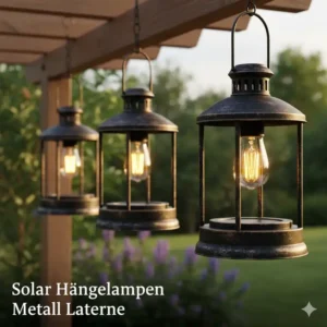 Rustikale gartendeko hängelampen solar im Laternen-Stil aus schwarzem Metall.