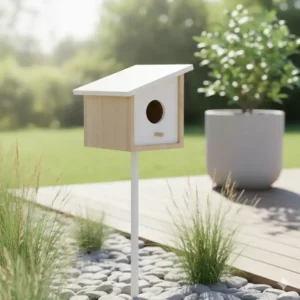 Gartendeko Vogelhaus modern im skandinavischen Stil mit weißer und heller Holzfarbgebung.
