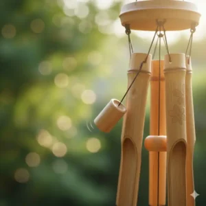 Gartendeko Windspiele Bambus – Nahaufnahme des Schlägels und des Klangmechanismus in Aktion.