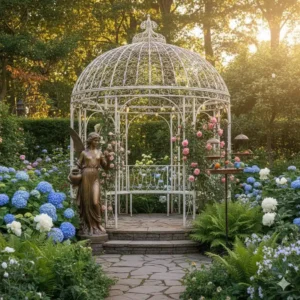 Eine kleine Gartenskulptur als stilvolle Gartendeko Pavillon Schmuck-Ergänzung.