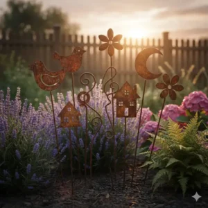 Einfache Gartenstecker selber machen aus rostigem Metall als kreative gartendeko ideen selber machen.